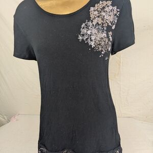 La Vie En Rose Elegant Black Floral Women's Blouse Lace Trim Medium